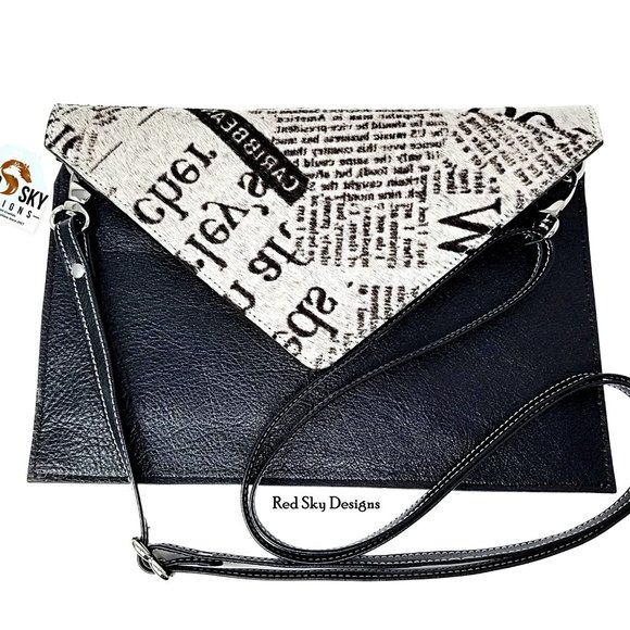 OOAK Newsprint Cowhide & Leather Crossbody Clutch - Picture 1 of 5